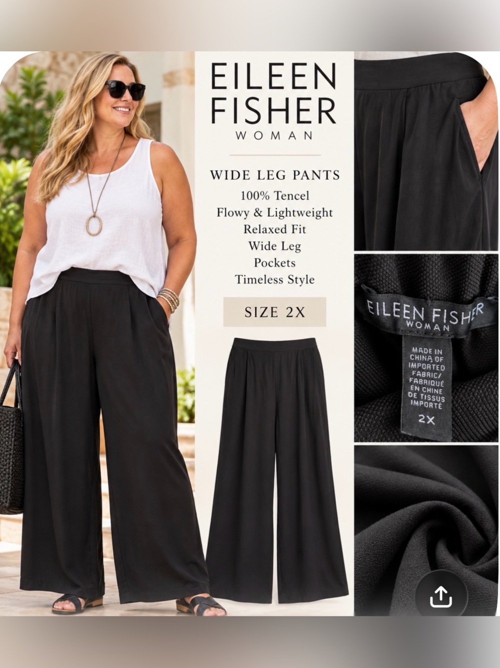 Eileen Fisher Woman 2X Black Tencel Wide
Leg Flowy Pants